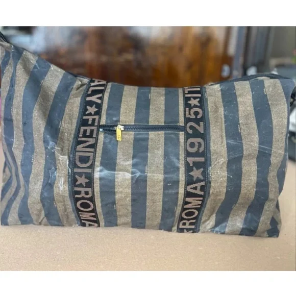 SOLD❤️ FENDI Roma Pequin Stripe Coated Canvas Duffle/ Travel/ Weekender Bag XL - Picture 13 of 13